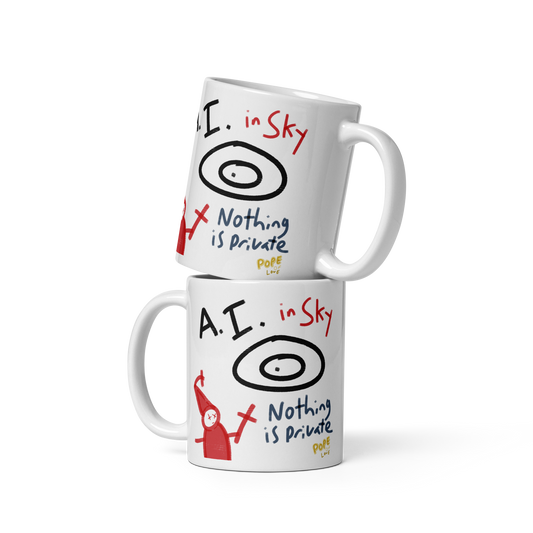 A.I. In The Sky White Glossy Mug - Pope Of Love Tech Commentary Coffee Mug