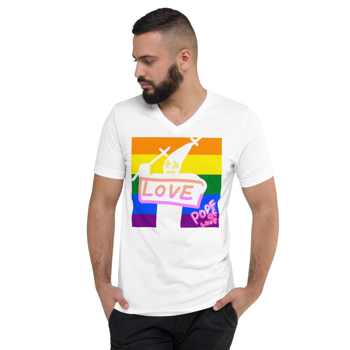 Pride V-Neck T-Shirt - Pope Of Love LGBTQ+ Unisex Short Sleeve