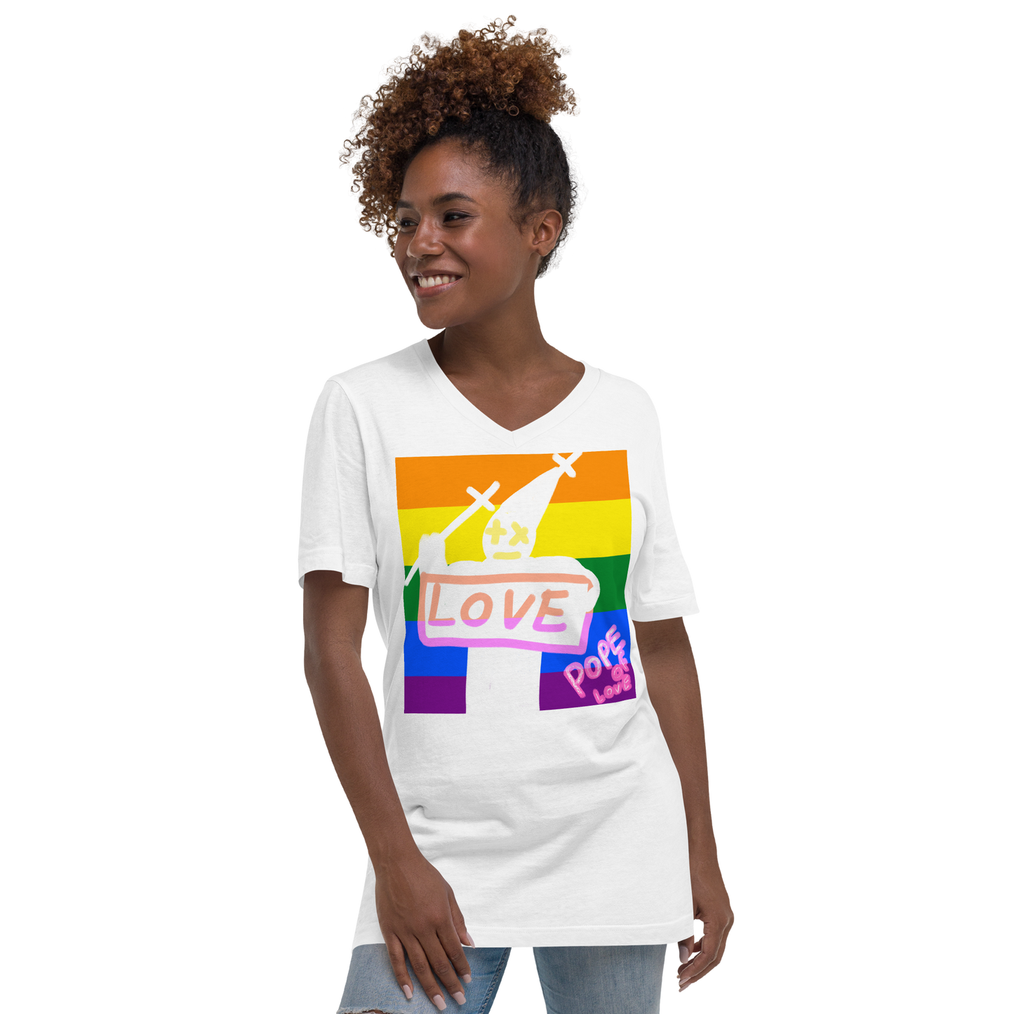 Pride V-Neck T-Shirt - Pope Of Love LGBTQ+ Unisex Short Sleeve